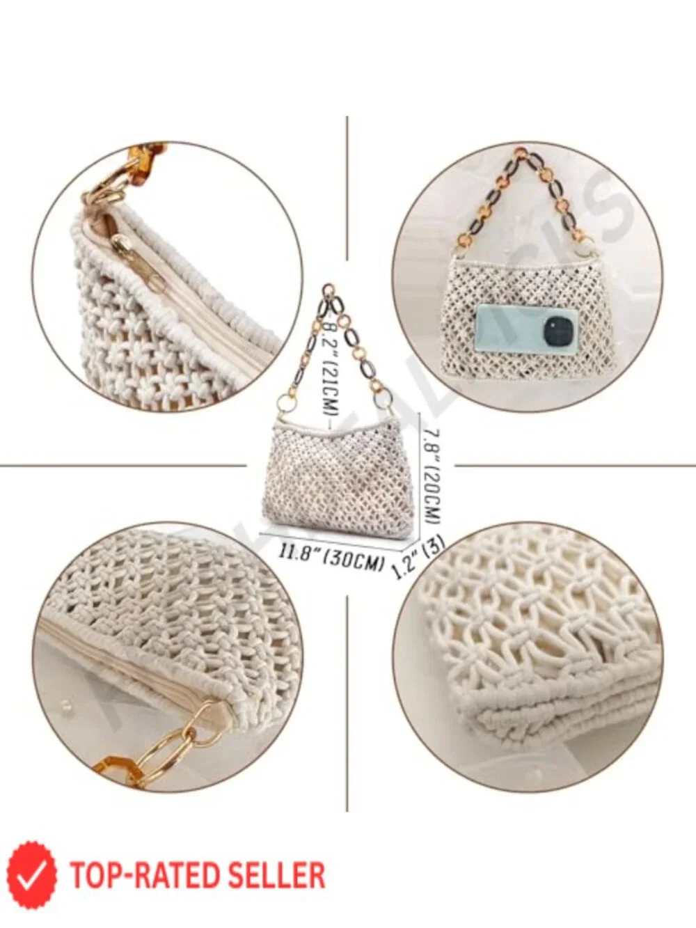 Handmade Crochet Beach Purse with Acrylic Chain Strap, Cotton Rope Bucket Bag